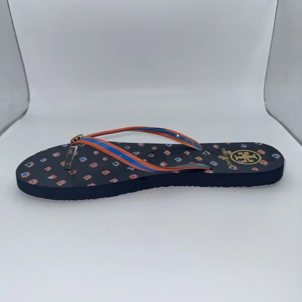 Tory Burch Navy Orange Blue Printed Logo Flip Flops Women’s Sandals